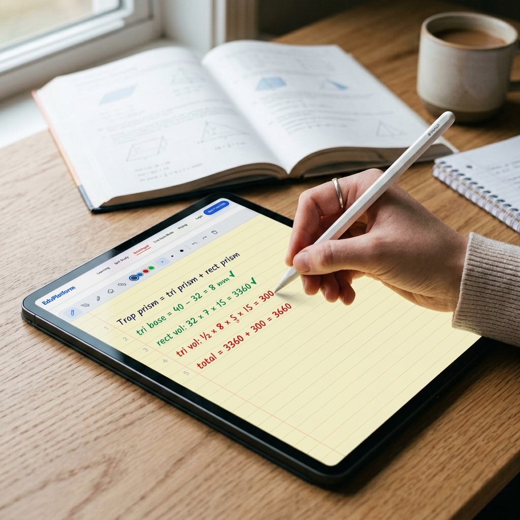 Student writing math steps on iPad with Apple Pencil showing Beside Math scratchpad